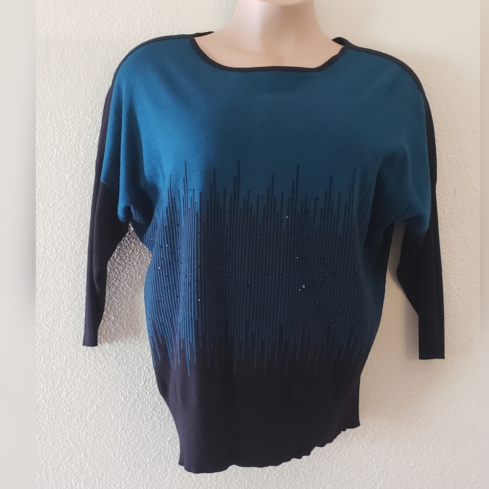 ALFANI Teal to Black Dolman Sleeve Sweater Top with Black Rhinestones